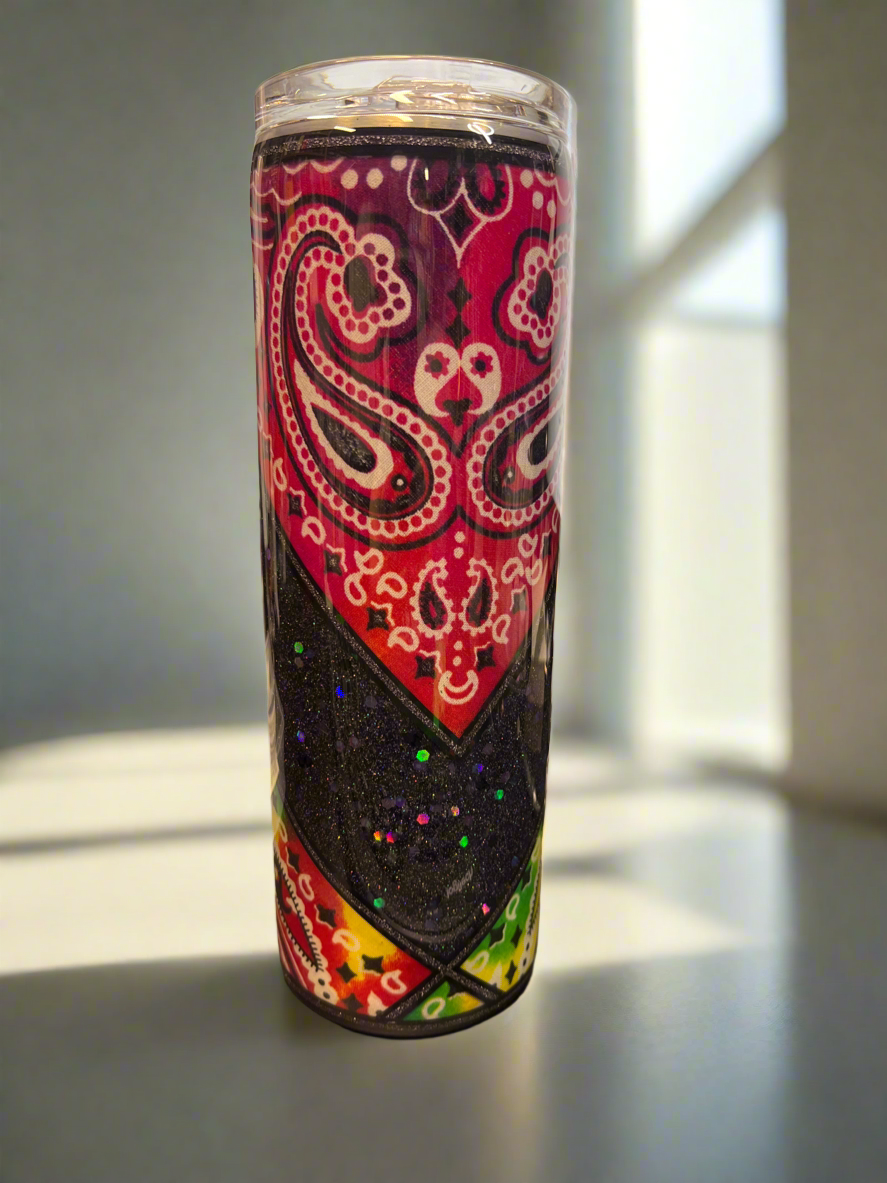 Custom Painted Multi Color Bandana Glitter Stainless Skinny Tumbler w/Sliding Lid and Straw- 30 Oz