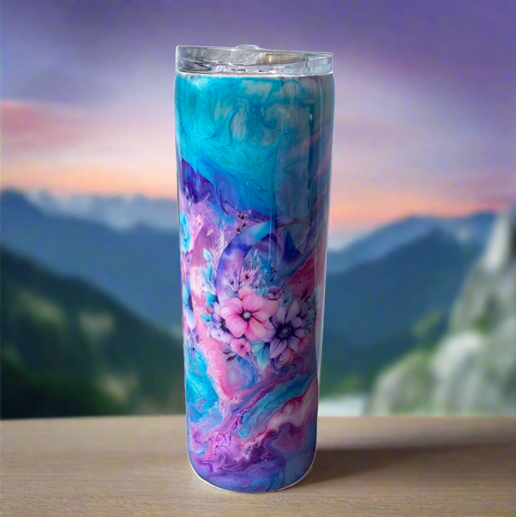 Custom Painted Purple Floral Stainless Skinny Tumbler w/Sliding Lid and Straw- 30 Oz