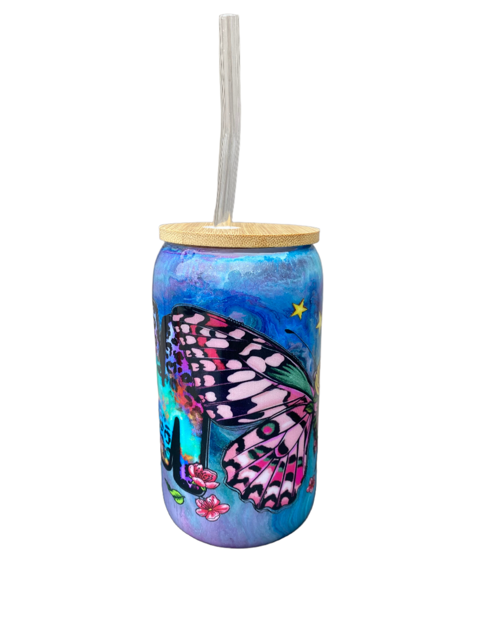 Custom Painted Butterfly Mom Glass Tumbler - 18 Oz