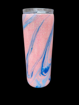 Custom Painted Glitter Pink Blue Stainless Skinny Tumbler w/Sliding Lid and Straw- 20 Oz