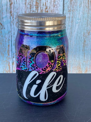 Custom Painted Teal Glitter Mom Life Stainless Steel Mason Jar Tumbler - 12 Oz