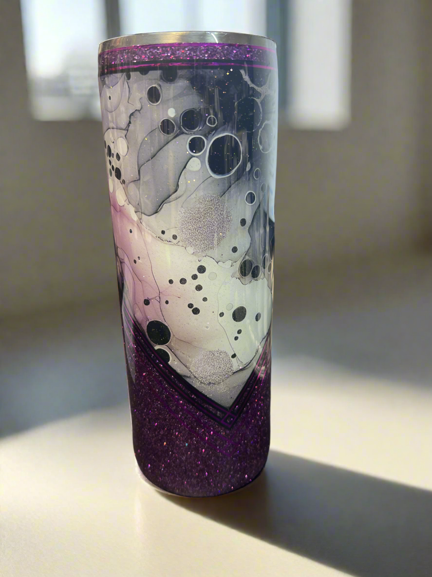 Custom Purple Marble Glitter Stainless Skinny Tumbler w/Sliding Lid and Straw- 20 Oz