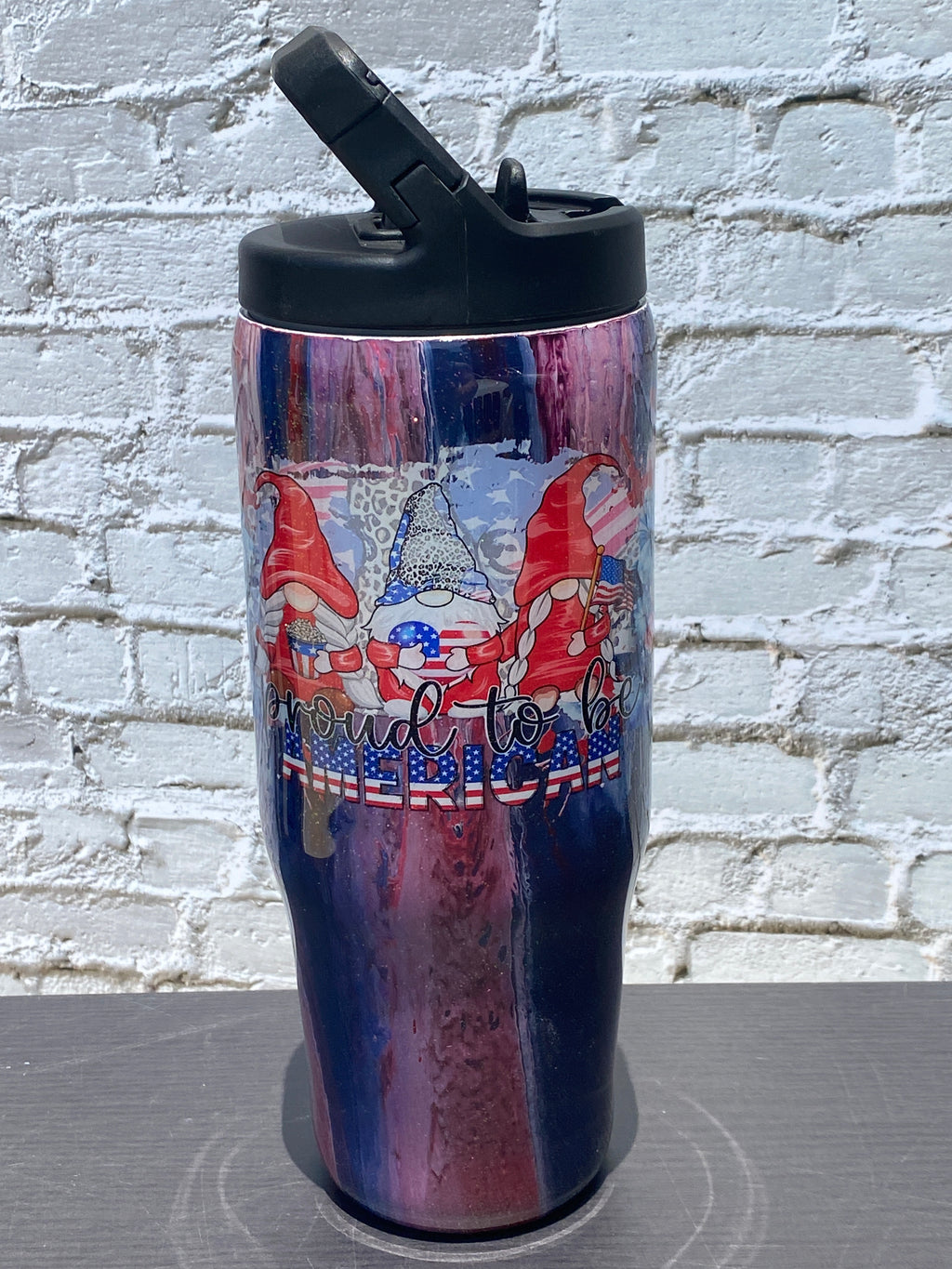 Hand Painted America Gnomes Stainless Clip Mate Hydro Bottle w/Lid and Straw- 30 Oz