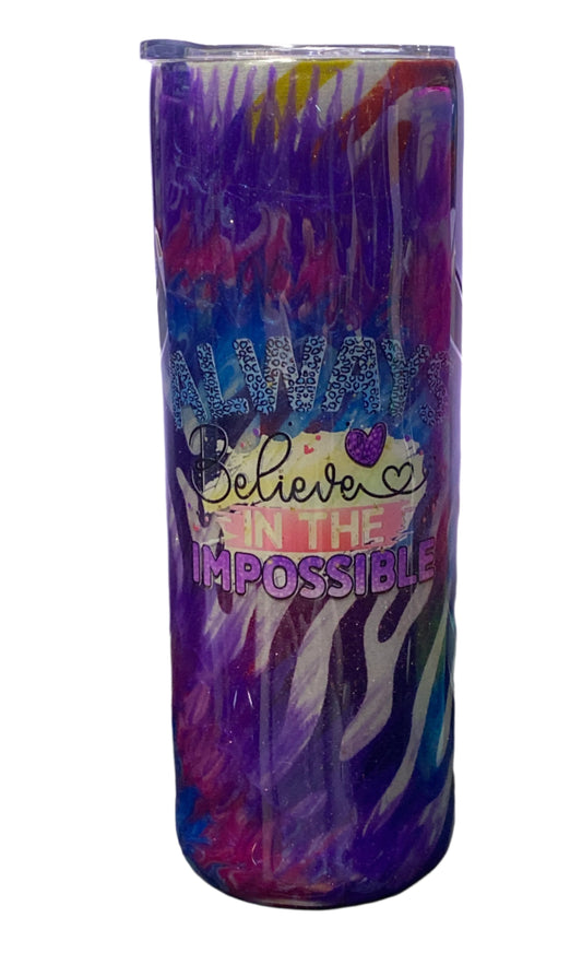 Custom Painted Believe Impossible Stainless Skinny Tumbler w/Sliding Lid and Straw- 20 Oz