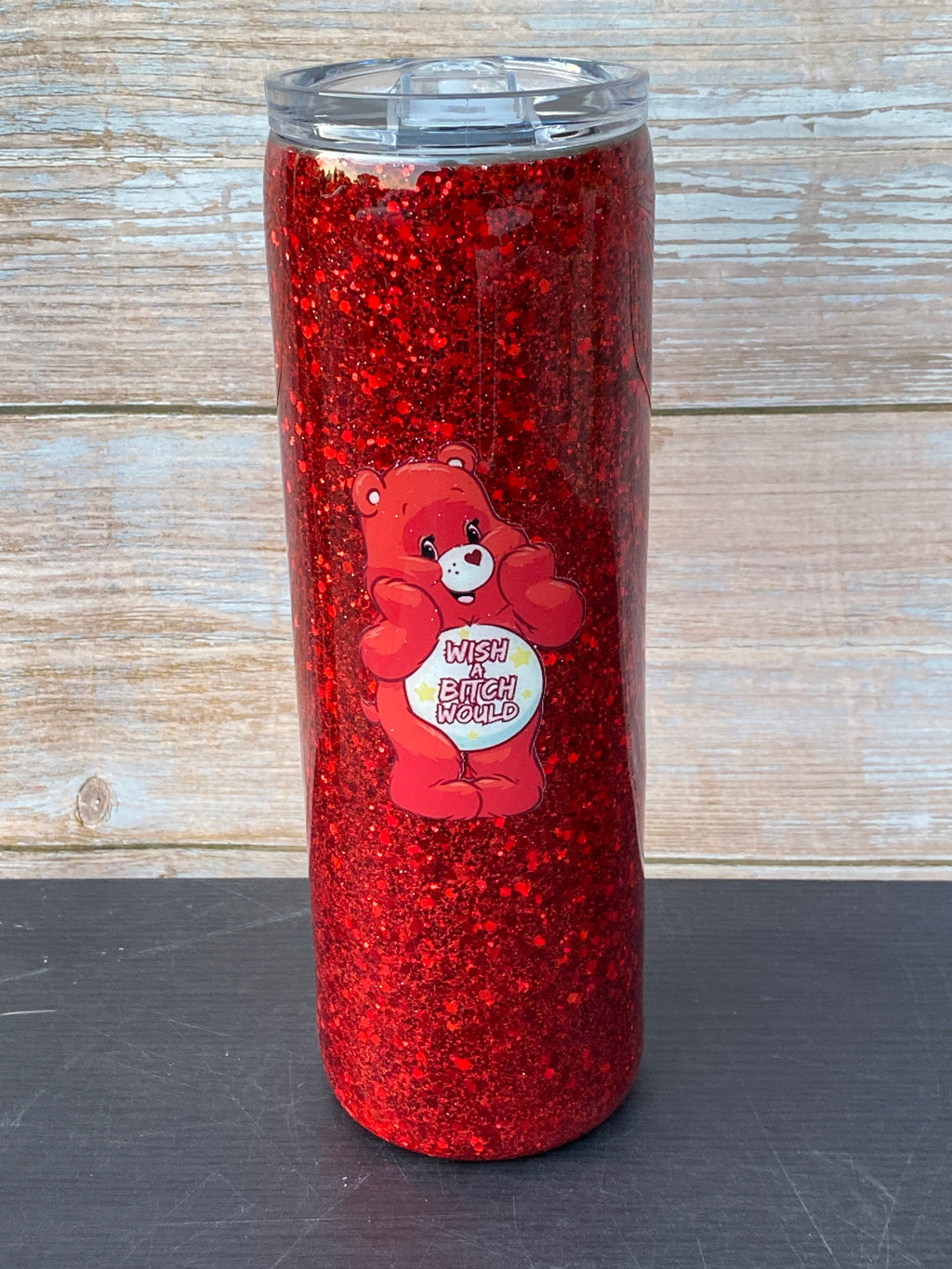 Custom Painted Red Swear Bear Stainless Skinny Tumbler w/Sliding Lid and Straw- 30 Oz