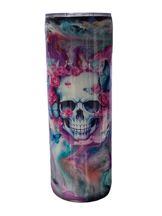 Custom Painted Skull Floral Stainless Skinny Tumbler w/Sliding Lid and Straw- 20 Oz