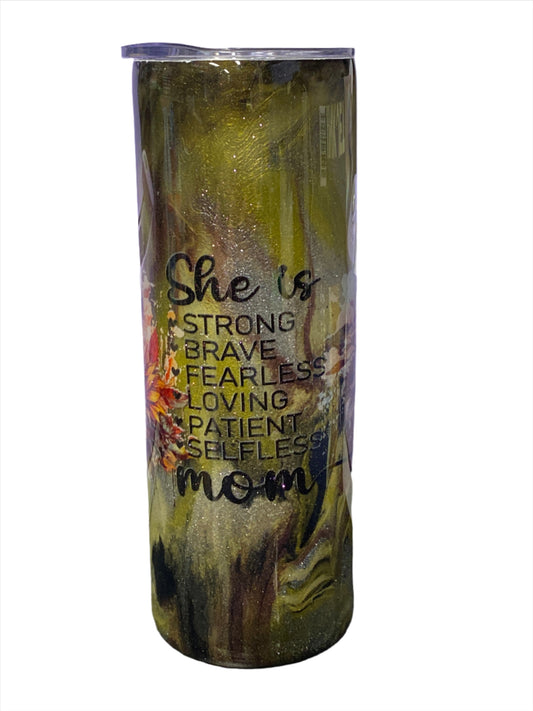 Custom Painted She Is Mom Stainless Skinny Tumbler w/Sliding Lid and Straw- 20 Oz