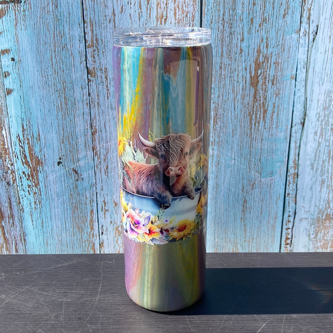 Custom Painted Cow Floral Stainless Skinny Tumbler w/Sliding Lid and Straw- 30 Oz