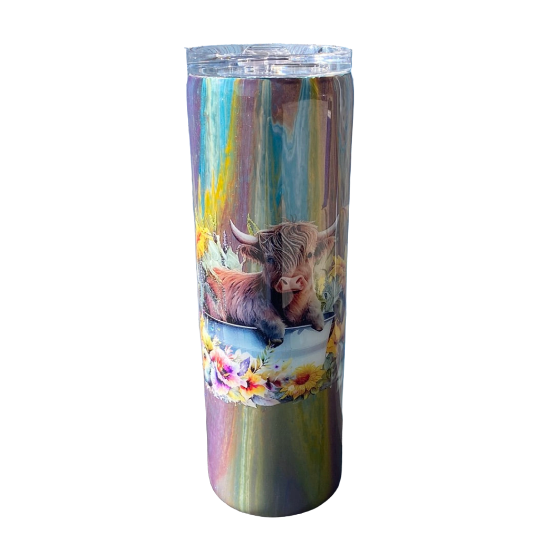 Custom Painted Cow Floral Stainless Skinny Tumbler w/Sliding Lid and Straw- 30 Oz