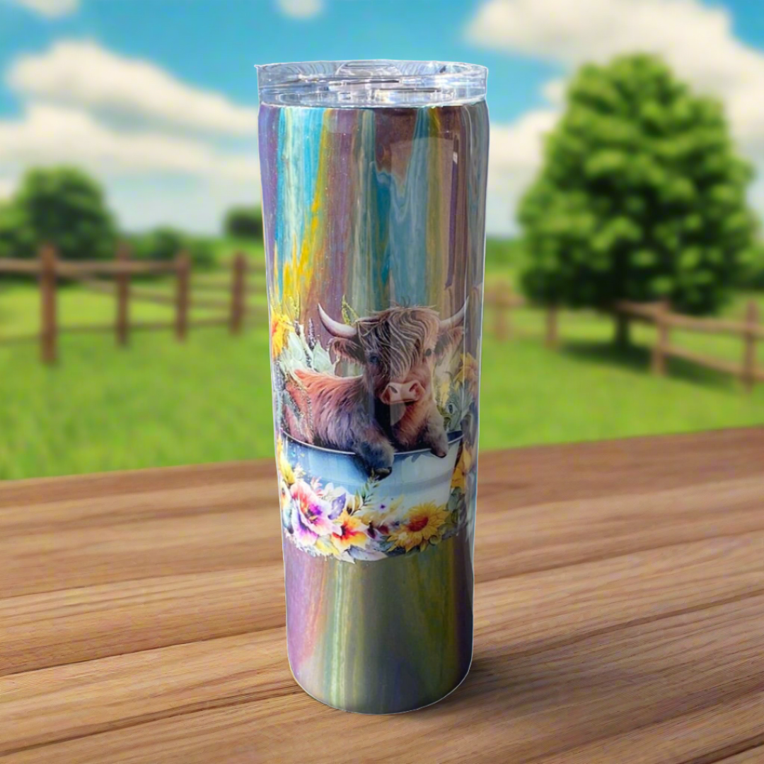 Custom Painted Cow Floral Stainless Skinny Tumbler w/Sliding Lid and Straw- 30 Oz