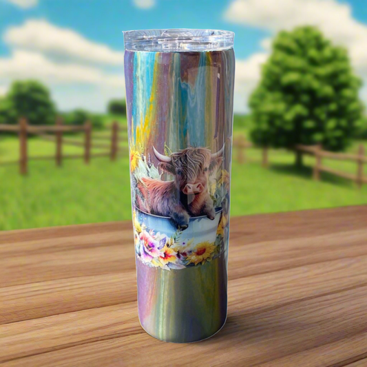 Custom Painted Cow Floral Stainless Skinny Tumbler w/Sliding Lid and Straw- 30 Oz