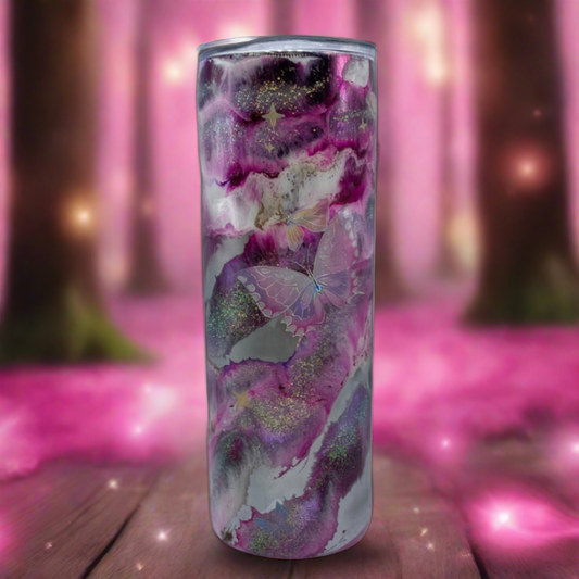 Custom Painted Pink Butterfly Stainless Skinny Tumbler w/Sliding Lid and Straw- 20 Oz