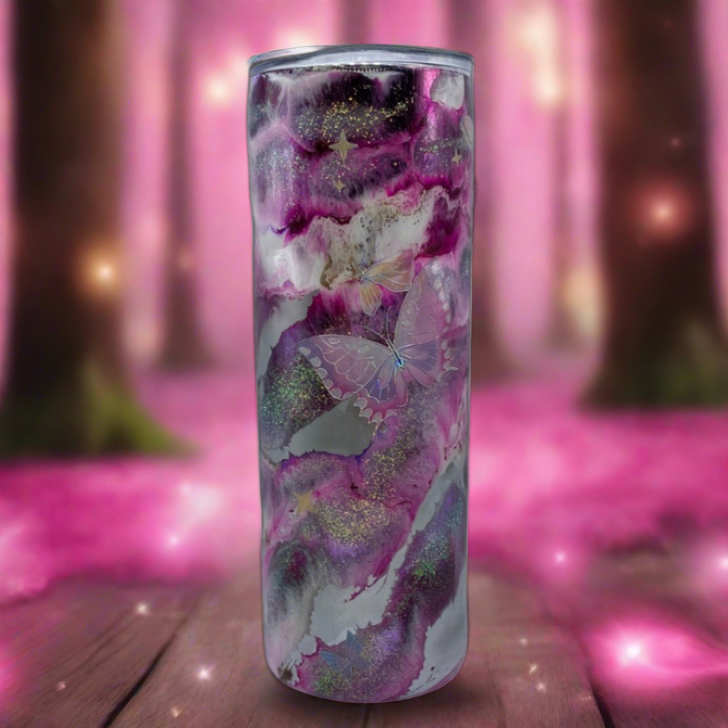 Custom Painted Pink Butterfly Stainless Skinny Tumbler w/Sliding Lid and Straw- 20 Oz