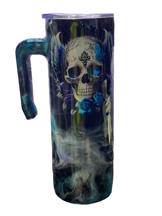Custom Painted Moonlight Skull Stainless Grippy Handle Tumbler w/Sliding Lid and Straw- 20 Oz