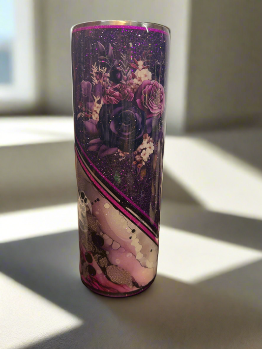 Custom Painted Purple Marble Floral Stainless Tumbler w/Sliding Lid and Straw- 30 Oz