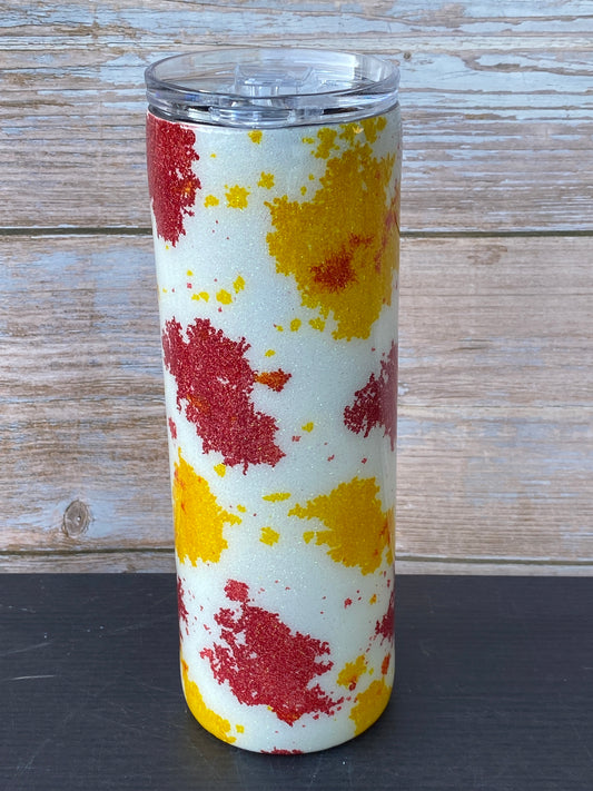 Custom Painted Red Yellow Cow Stainless Skinny Tumbler w/Sliding Lid and Straw- 20 Oz