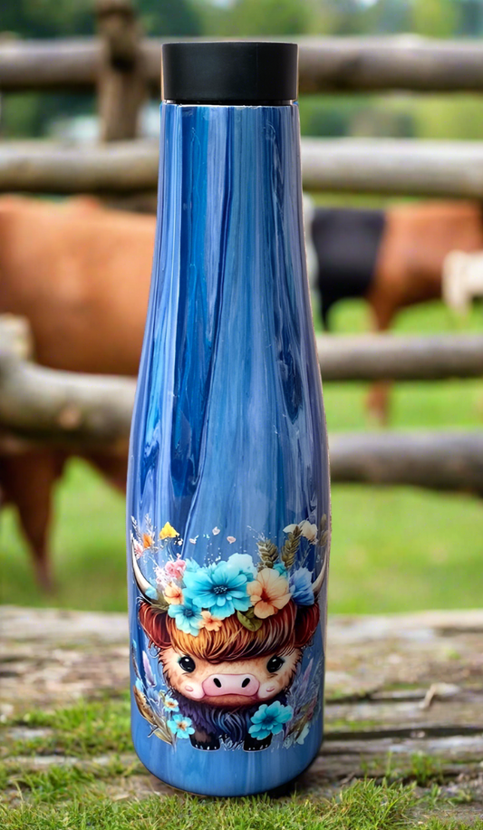 Hand Painted Blue Highland Cow Stainless Push Top Bottle - 30 Oz