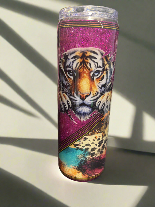 Custom Painted Pink Safari Tiger Stainless Tumbler w/Sliding Lid and Straw- 30 Oz