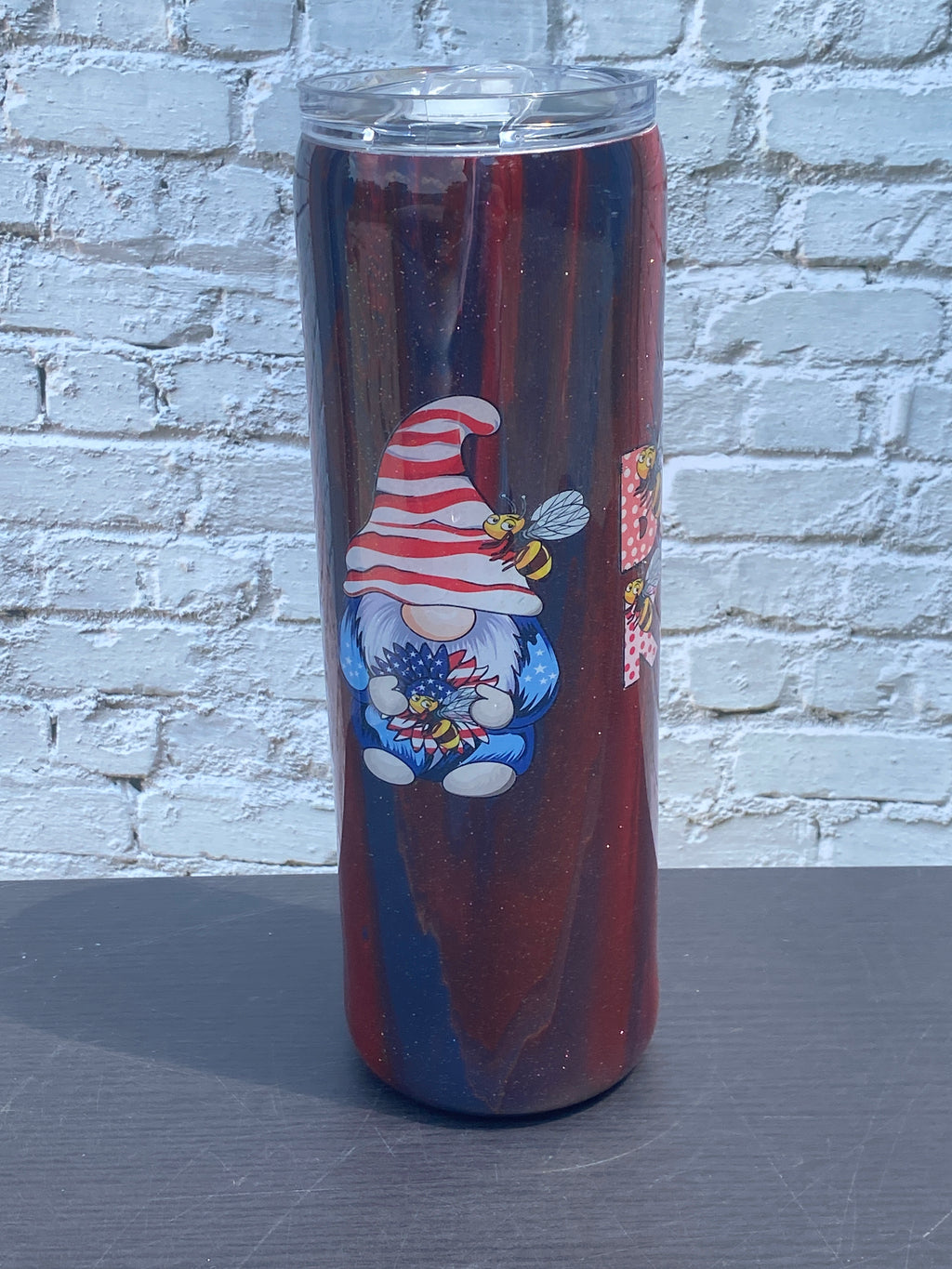 Custom Painted Patriotic Gnomes 4 Stainless Skinny Tumbler w/Sliding Lid and Straw- 30 Oz
