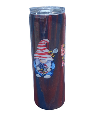 Custom Painted Patriotic Gnomes 4 Stainless Skinny Tumbler w/Sliding Lid and Straw- 30 Oz