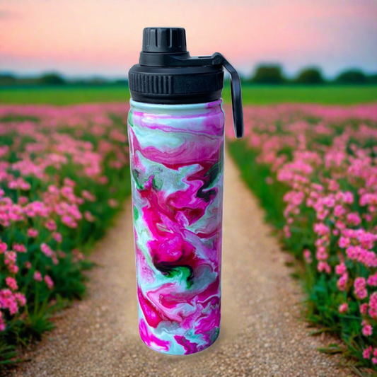 Hand Painted Pink Green Hydro Water Bottle - 22 Oz