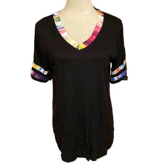 SHORT SLEEVE V NECK SOLID AND COLORFUL PRINT CONTRAST TOP