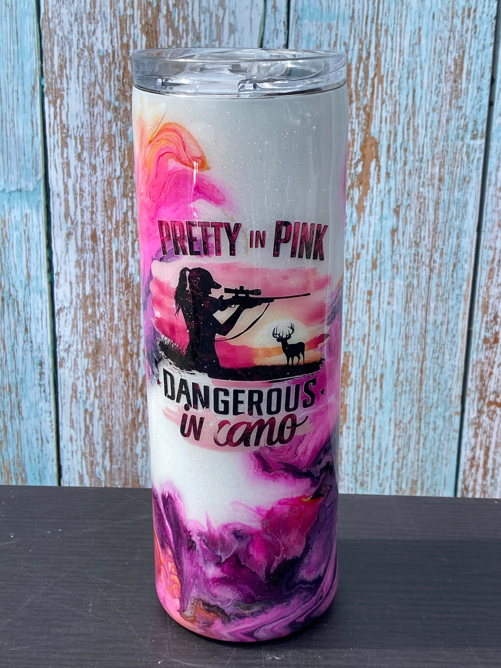 Custom Painted Pretty Pink Stainless Skinny Tumbler w/Sliding Lid and Straw- 20 Oz.