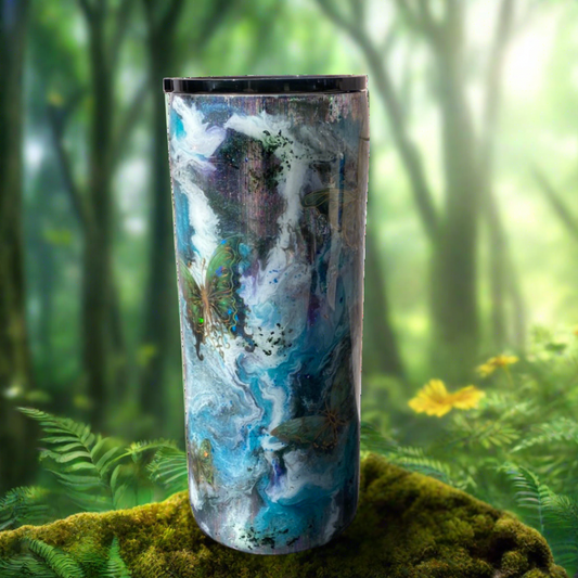 Hand Painted Hidden Butterflies Stainless Fatty Tumbler w/Sliding Lid and Straw- 30 Oz