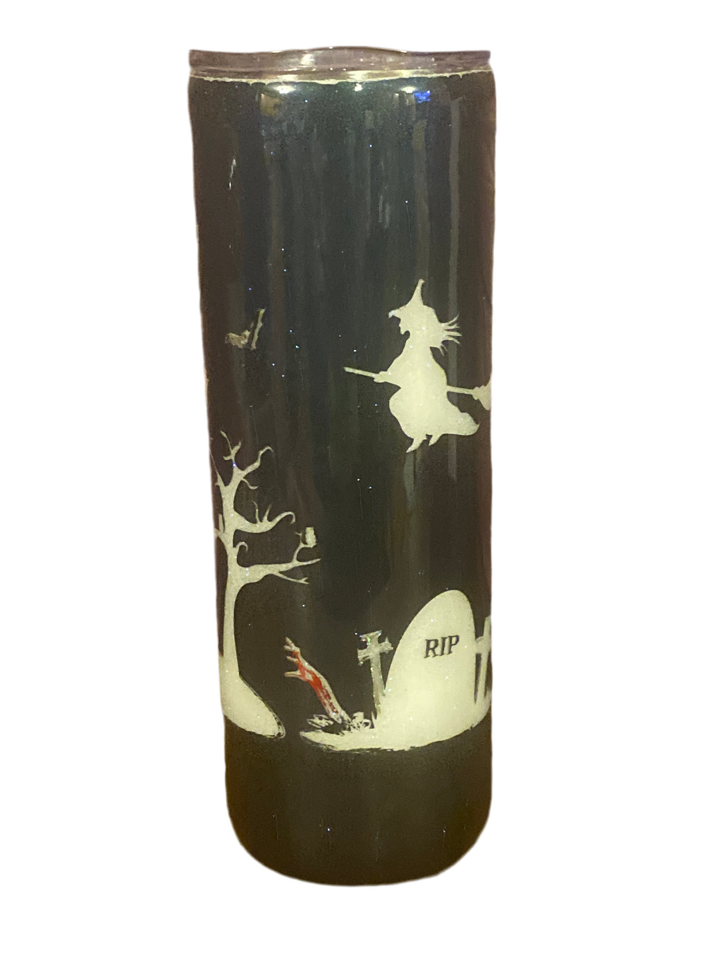 Custom Painted Halloween Witch Graveyard Stainless Skinny Tumbler w/Sliding Lid and Straw- 20 Oz