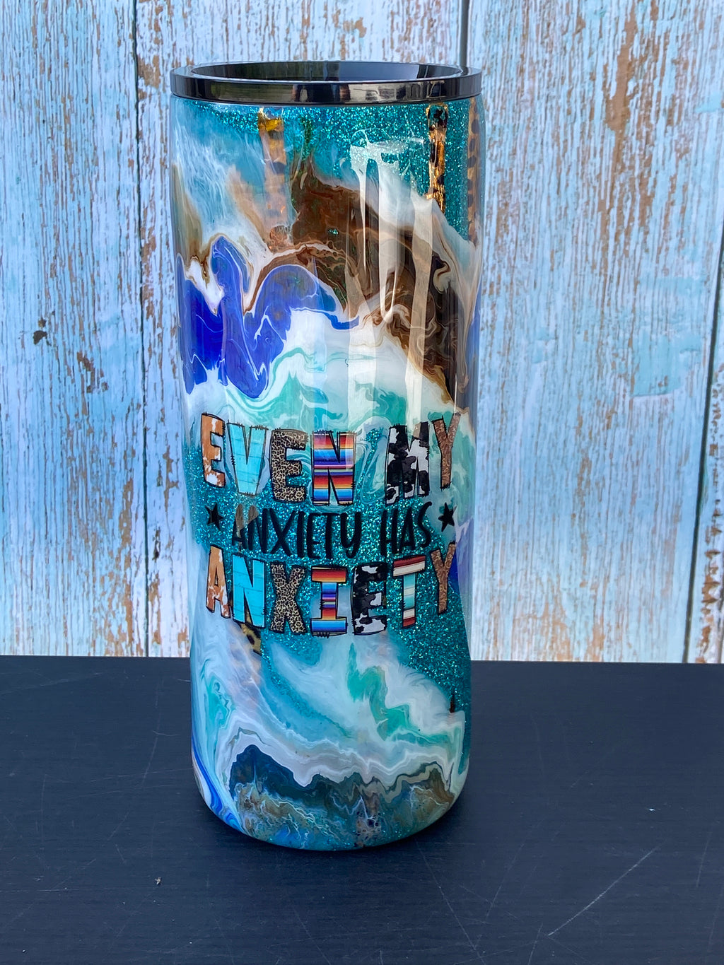 Custom Painted Teal Glitter Anxiety Stainless Fatty Tumbler w/Sliding Lid and Straw- 30 Oz