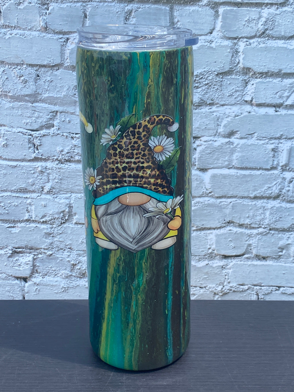 Custom Painted Green Gnomes Stainless Skinny Tumbler w/Sliding Lid and Straw- 30 Oz