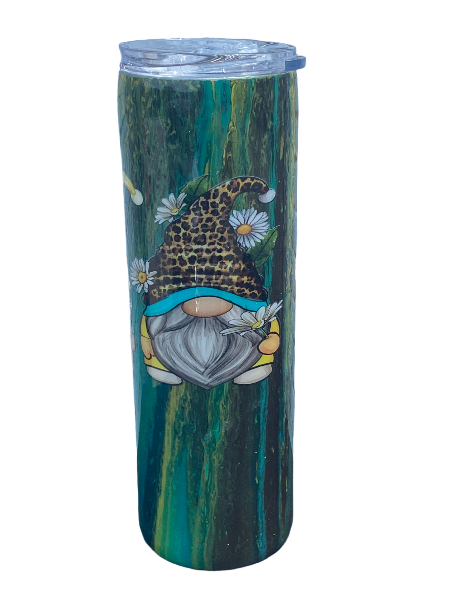 Custom Painted Green Gnomes Stainless Skinny Tumbler w/Sliding Lid and Straw- 30 Oz