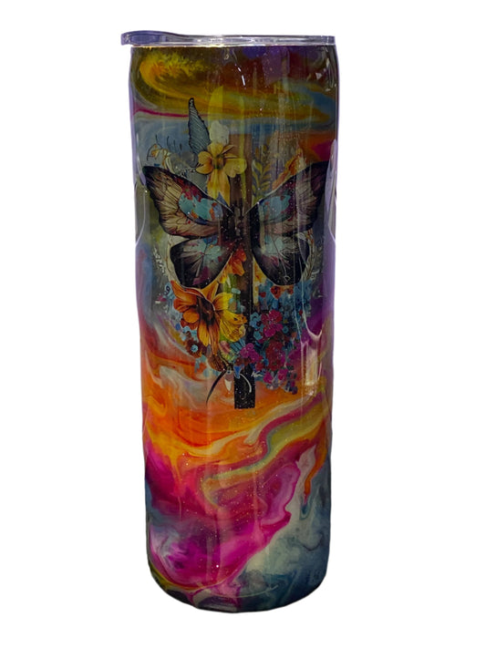 Custom Painted Butterfly Swirl Stainless Skinny Tumbler w/Sliding Lid and Straw- 20 Oz