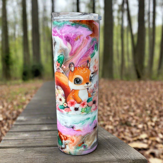 Custom Painted Squirrel Stainless Skinny Tumbler w/Sliding Lid and Straw- 30 Oz