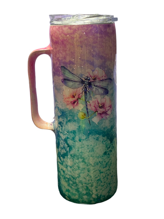 Custom Painted Pink Dragonfly Stainless Skinny Handle Tumbler w/Sliding Lid and Straw- 20 Oz