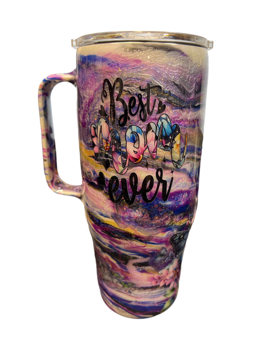 Hand Painted Best Mom Butterfly Stainless Steel Handle Curved Tumbler w/Sliding Lid and Straw- 24 Oz