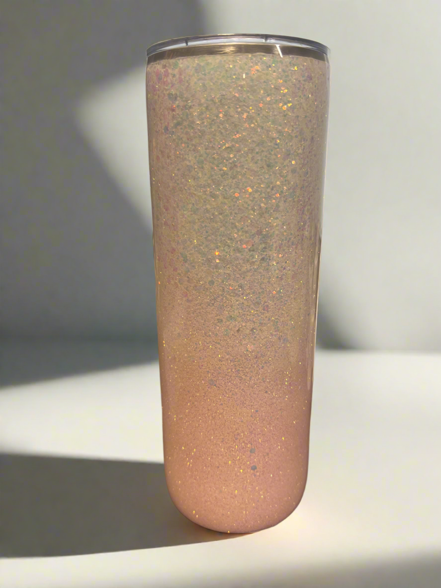 Custom Pink/White Glitter Ombre Stainless Skinny Tumbler w/Sliding Lid and Straw- 20 Oz