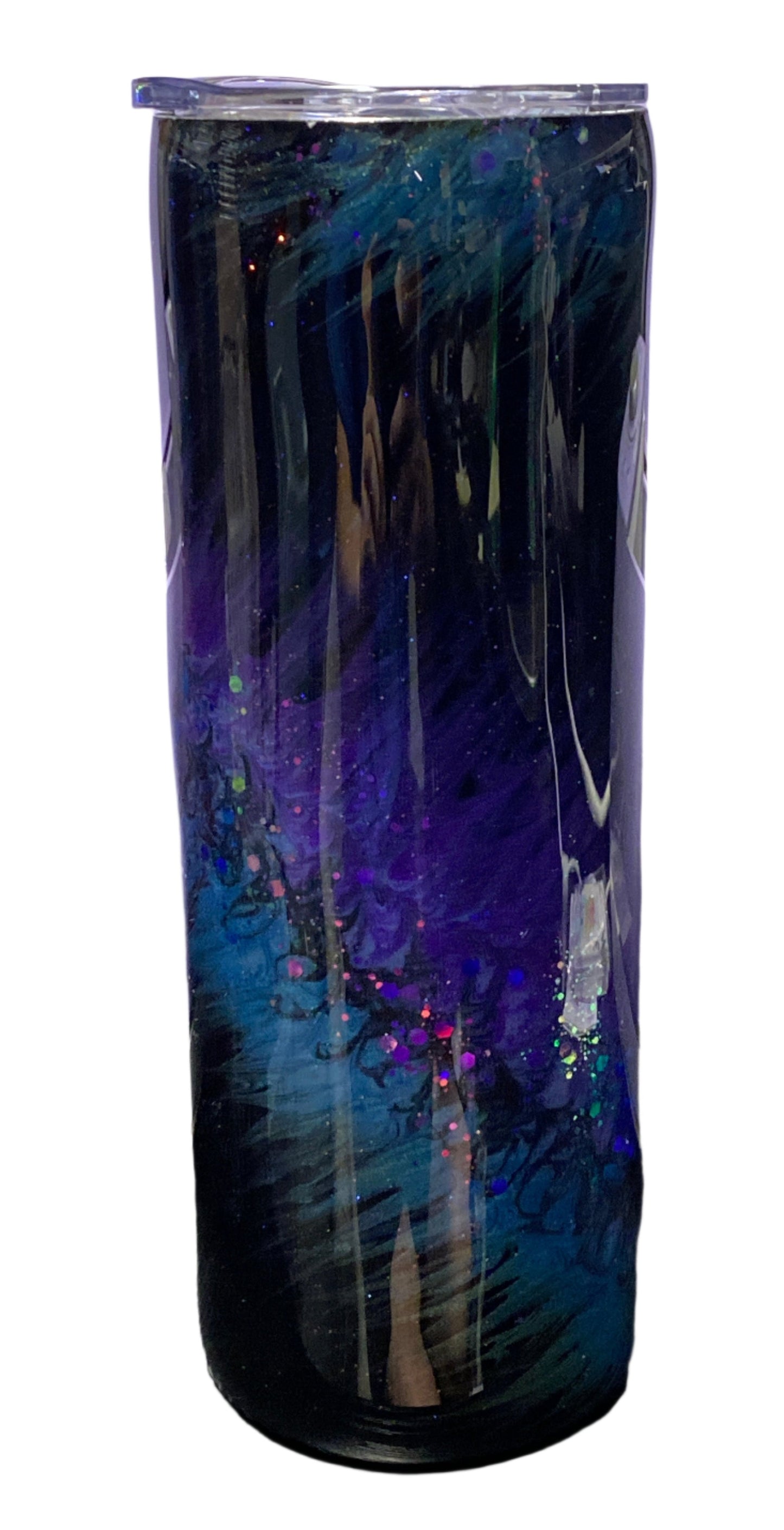 Custom Painted Purple Black Teal Stainless Skinny Tumbler w/Sliding Lid and Straw- 20 Oz