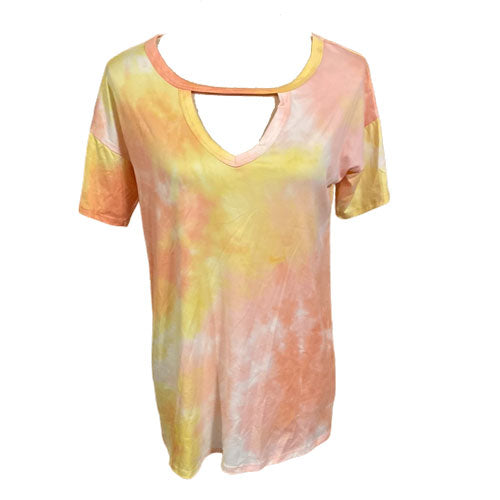 SHORT SLEEVE KEYHOLE NECK TIE DYE PRINT TOP