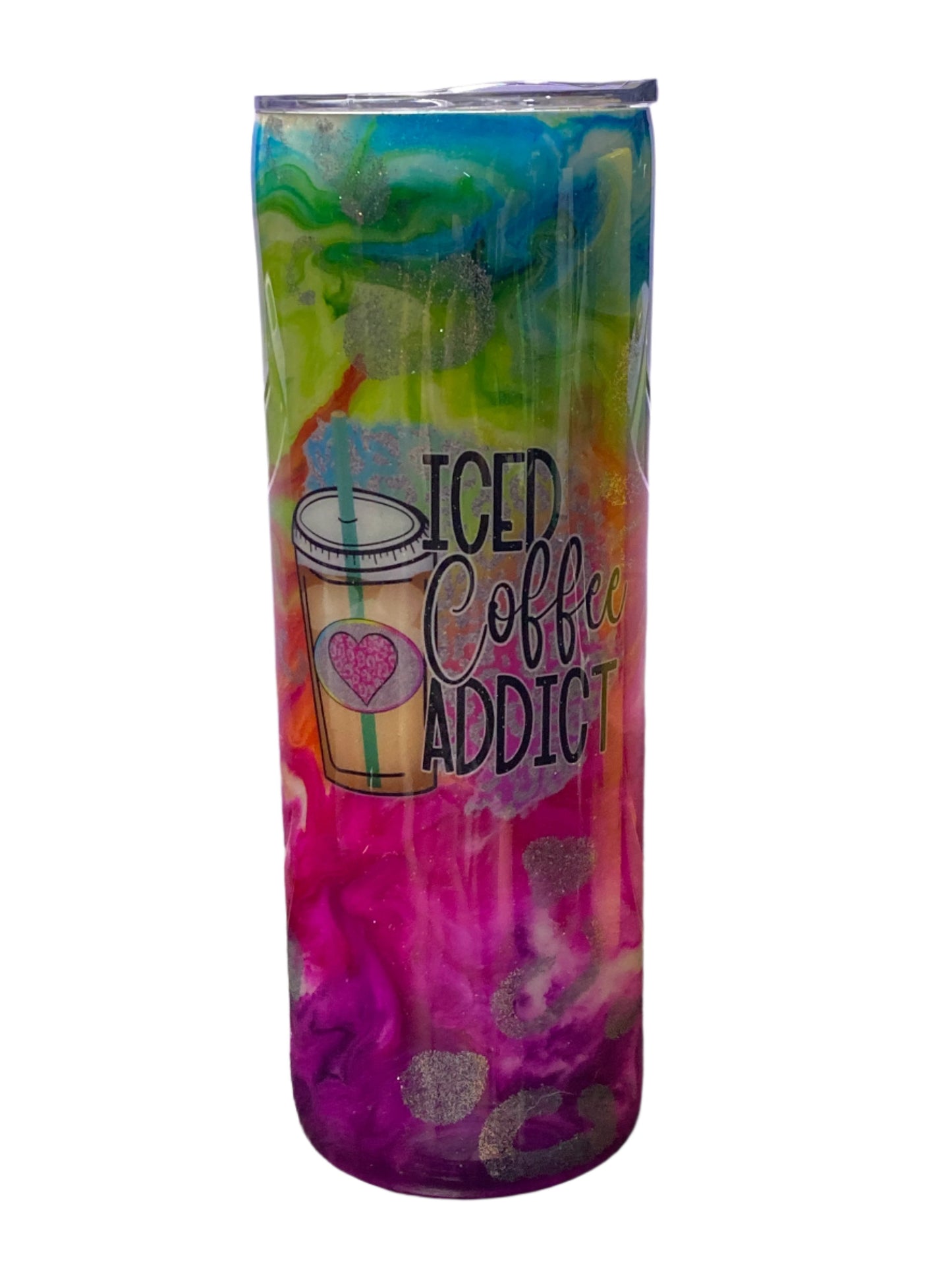 Custom Painted Iced Coffee Addict Stainless Skinny Tumbler w/Sliding Lid and Straw- 20 Oz