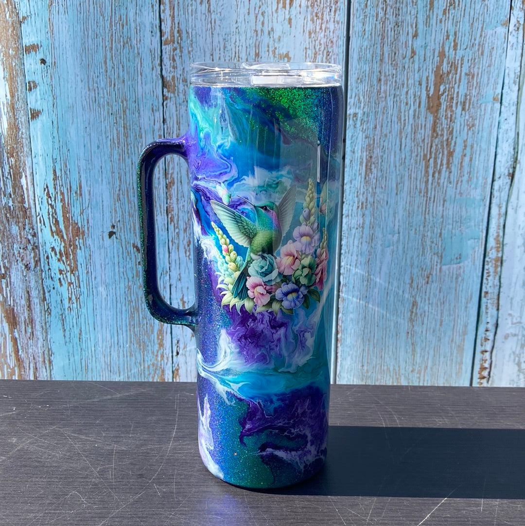 Hand Painted Hummingbird Stainless Steel Handle Tumbler w/Sliding Lid and Straw- 20 Oz