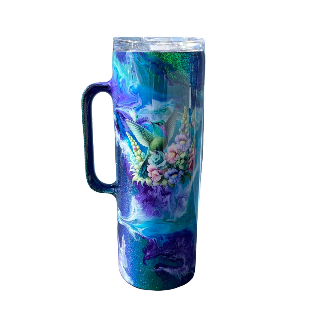 Hand Painted Hummingbird Stainless Steel Handle Tumbler w/Sliding Lid and Straw- 20 Oz