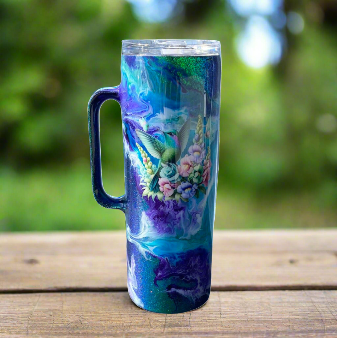 Hand Painted Hummingbird Stainless Steel Handle Tumbler w/Sliding Lid and Straw- 20 Oz