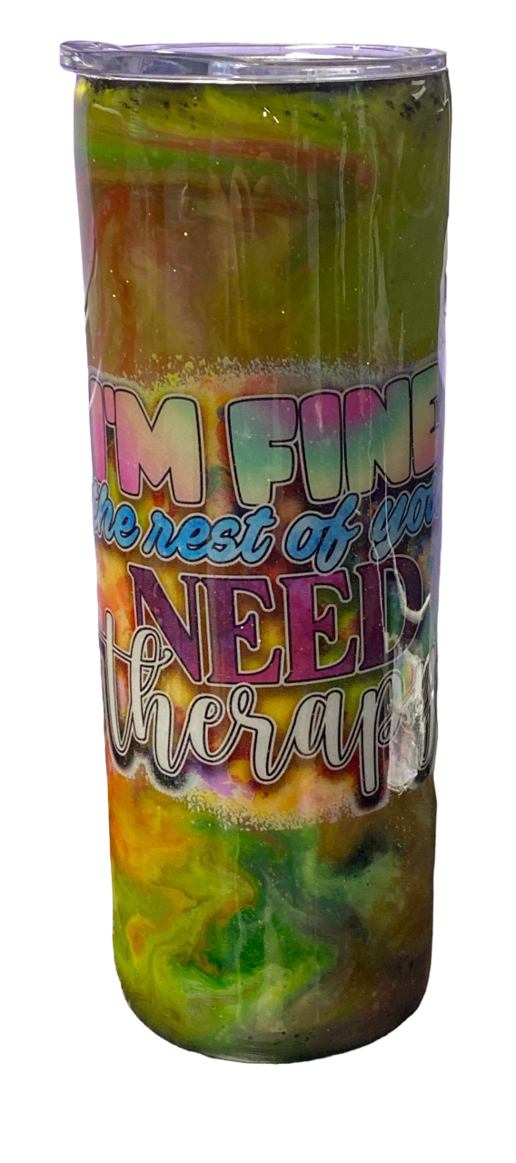 Custom Painted Need Therapy Stainless Skinny Tumbler w/Sliding Lid and Straw- 20 Oz