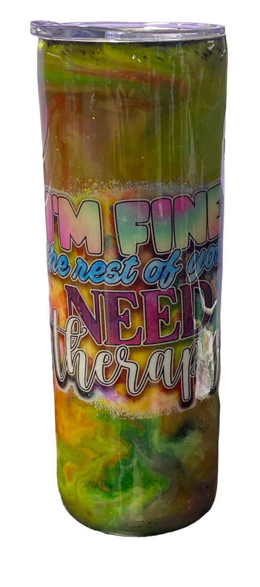 Custom Painted Need Therapy Stainless Skinny Tumbler w/Sliding Lid and Straw- 20 Oz