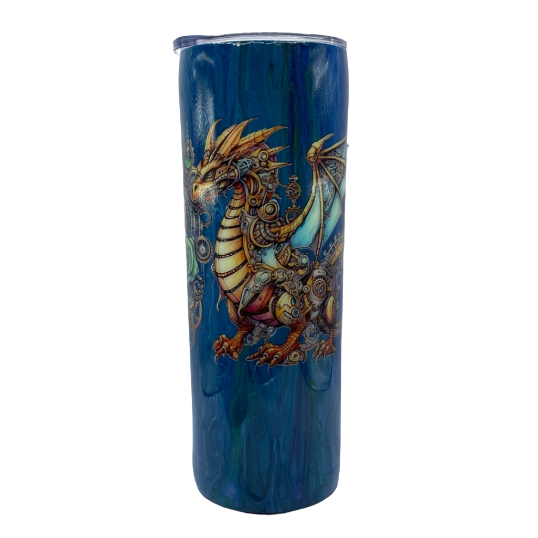 Custom Painted Glitter Blue Dragon Stainless Skinny Tumbler w/Sliding Lid and Straw- 20 Oz