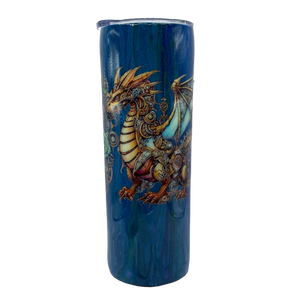 Custom Painted Glitter Blue Dragon Stainless Skinny Tumbler w/Sliding Lid and Straw- 20 Oz