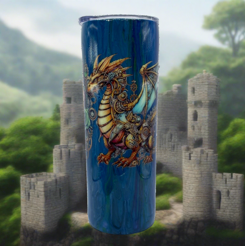 Custom Painted Glitter Blue Dragon Stainless Skinny Tumbler w/Sliding Lid and Straw- 20 Oz