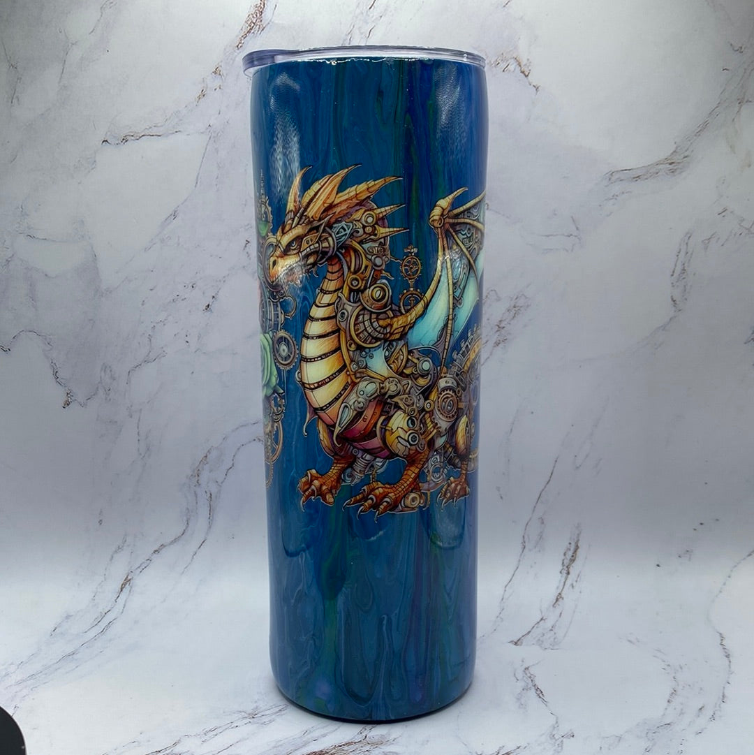 Custom Painted Glitter Blue Dragon Stainless Skinny Tumbler w/Sliding Lid and Straw- 20 Oz