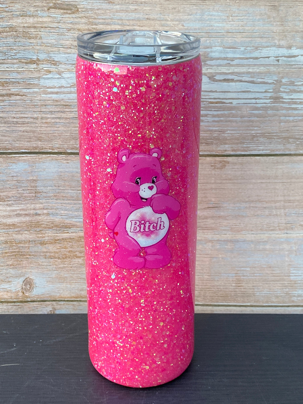 Custom Painted Pink Swear Bear Stainless Skinny Tumbler w/Sliding Lid and Straw- 30 Oz